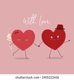 Vector illustration of two happy hearts walking with each other. With love Lettering. Greeting card concept for Valentines Day. Share your love
