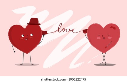 Vector illustration of two happy hearts looking at each other and talking through phone. wire of love. Lettering. Greeting card concept for Valentines Day. Share your love