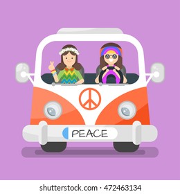Vector illustration of two happy hippie man and woman in the car.