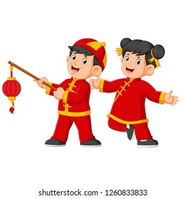 vector illustration of two happy kids are playing and one of them holding the chinese paper lantern