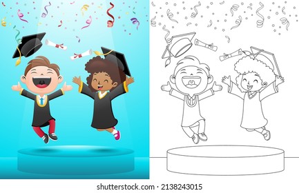 vector illustration of two happy kids in graduation gown jumping in graduation day on stage