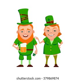 Vector illustration of two happy leprechauns. Cartoon the leprechauns are in green clothes, a hat and smiling. Vector characters for St. Patrick's day