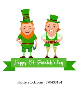 Vector illustration of two happy leprechauns. Cartoon the leprechauns greet and smile. Vector characters for St. Patrick's day. Elf leprechaun patrick and leprechaun girl for your design