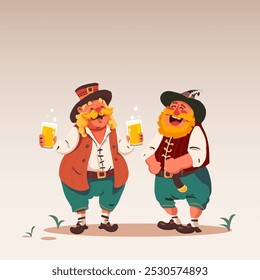 Ilustração vetorial. Dois homens felizes com bigodes grandes, vestidos com roupas tradicionais, rindo enquanto seguravam cervejas espumosas. Estilo de arte dos desenhos animados. Conceito de tradições, bebidas,