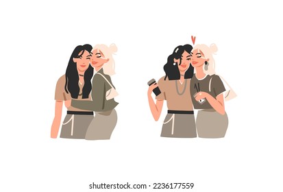 Vector illustration of two happy smiling,beauty best friends teenage girls hugging and drink coffee cocktails together.Isolated illustration.Cartoon people design concept.Best friends together vector.