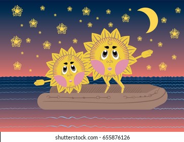 Vector illustration of two happy suns sailing boat under stars at night. Dating, couple, romance concept. For summer, vacation, relationship themes