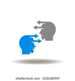 Vector illustration of two head with arrows. Symbol of psychotherapy, problem solution. Icon of empathy. Sign of conversation, interaction.