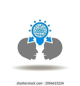 Vector illustration of two head with bulb and gears. Icon of knowledge transfer. Symbol of sharing knowledge. Lore exchange.