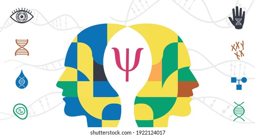 vector illustration of two heads psychology symbol and genetic research pictograms