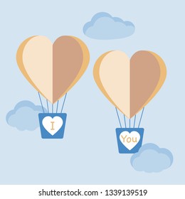 Vector illustration with two heart air balloons. Birthday, Valentine's day romantic background. Design for greeting card, poster or print.