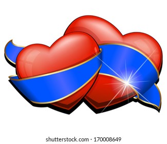 Vector illustration two heart with blue ribbon on white background