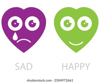 Vector illustration of two heart characters showing opposite emotions. A sad, purple heart is crying, while a happy, green heart is smiling. Concept for mood, feelings, mental health.