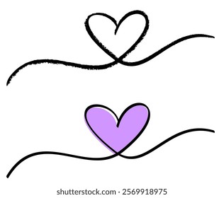 Vector illustration of two heart designs: one with a textured black outline and another filled with purple, connected by flowing lines.