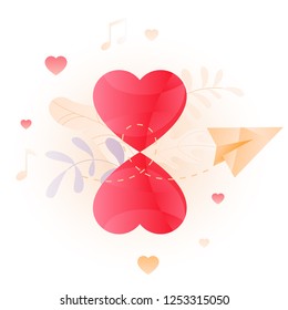 Vector illustration of two heart in shape of hour glasses over white background. A modern concept of Valentine greeting, speed dating and dating online.