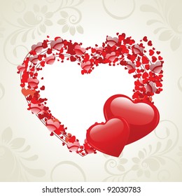 Vector illustration of two heart shapes made with small heart shapes on floral background for Valentines Day and other occasions.