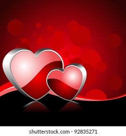 Vector illustration of two heart shapes frame with reflection on red color background for Valentines Day and other occasions.