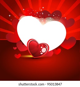 Vector illustration of two heart shapes frame with reflection on red color background