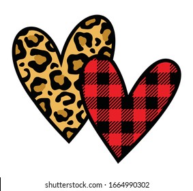 Vector illustration of two hearts with animal leopard print and red buffalo plaid pattern.