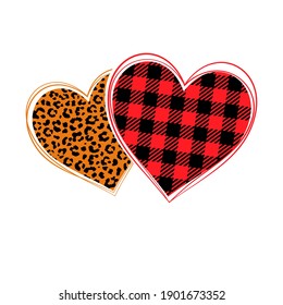 Vector illustration of two hearts with buffalo plaid and leopard print isolated on white background. Two decorated hearts for cut, sublimation, print, for t-shirt design, Happy Valentines day card.