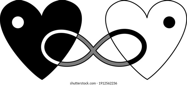 Vector illustration. The two hearts are connected. Yin yang. Black and white.