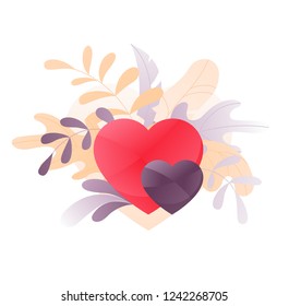 Vector illustration of two hearts and leaves. A modern concept of romantic relationship.