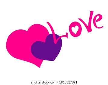 Vector illustration of two hearts and love lettering