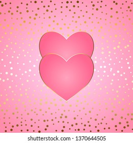 Vector illustration of Two hearts on a pink with gold sparkles background.