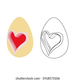 A vector illustration of two hearts ornamented eggs isolated on white background. One egg is colored, another is black and white. Designed as a coloring book page for adults and kids.