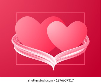 Vector illustration: Two hearts with twisted acrylic paint stroke shape on red background