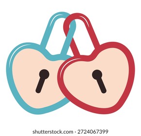 Ilustração vetorial de dois cadeados em forma de coração conectados juntos. Design plano romântico simbolizando amor e relacionamento, adequado para o Dia dos Namorados, isolado em fundo branco.