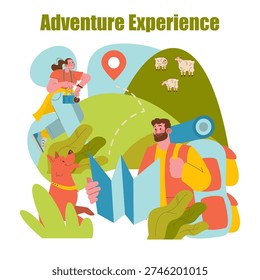 Vector illustration of two hikers planning a route with a map, joined by a dog, set against a scenic backdrop of rolling hills and sheep. Perfect for travel and adventure themes.