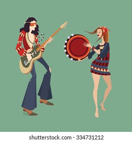 vector illustration of two hippies playing musical instruments and dancing