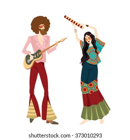 vector illustration of two hippies playing musical instruments and dancing, in cartoon style