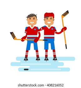 Imagen vectorial de dos jugadores de hockey con palos de hockey en las manos sobre el hielo. Los jugadores de hockey están posando en uniforme. Diseño de carácter plano.