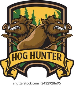 Vector Illustration Two Hogs in side view with HOG HUNTER text Esport logo