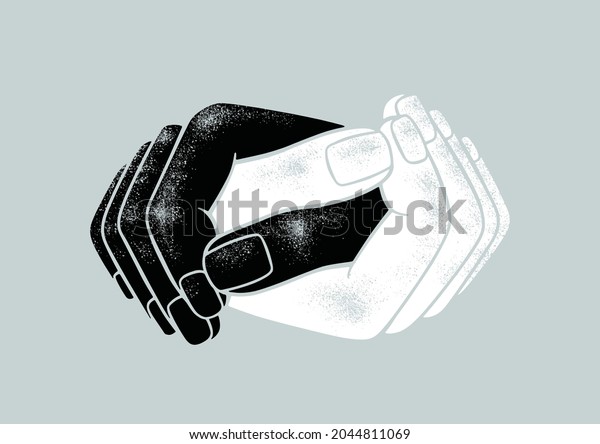 Vector\
illustration of two holding hands. Symbolism for friendship, love,\
anti-hate, anti-racism, agreement, peace, unity, solidarity, and\
relationship. Ready to use design\
template