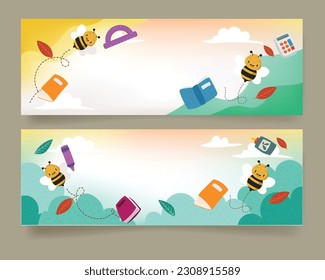 Vector illustration of two horizontal banners with bees flying around the books