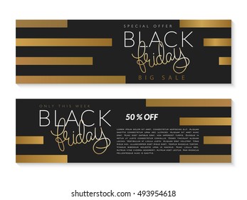 vector illustration of two horizontal black friday banners with hand lettering golden word - friday on golden striped background. big sale advertising.
