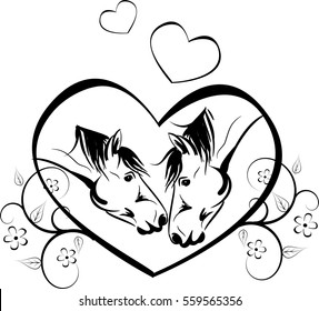 Vector illustration of two horse kissing each other in big heart decorated with floral ornaments