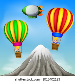 vector illustration of two hot air balloons flying with happy boys and mountain scene