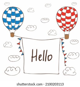 Vector illustration with two hot air baloons flying in the sky with quote "Hello". Vector template for cards,posters and other designs
