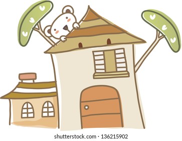 Vector illustration of two houses and a bear