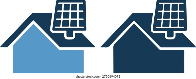 Ilustración vectorial de dos casas con paneles solares en el techo en azul claro y azul oscuro sobre un fondo blanco puro para conceptos ecológicos