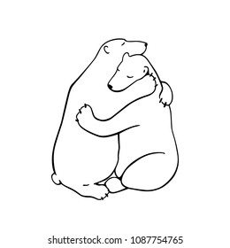 Vector illustration of two hugging bears. Beautiful animal design elements, ink drawing, 