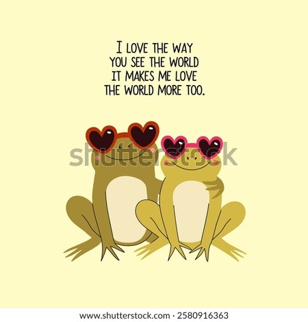 Vector illustration with two hugging frogs in love in sunglasses. Romantic print design with animals, typography poster with text, 14 February greeting card template.