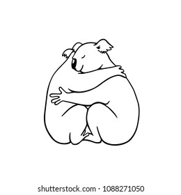 Vector illustration of two hugging koalas. Beautiful animal design elements, ink drawing, 