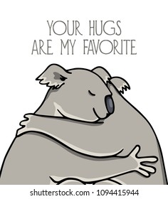 Vector illustration of two hugging koalas. Beautiful animal design elements, ink drawing,