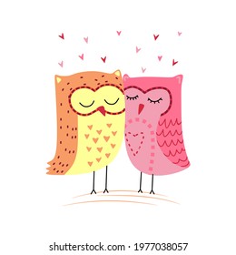 Vector illustration of two hugging owls, studded with pink hearts. Love illustration and banner. Design for t-shirts, posters. Valentines day card illustration. Love celebration icon.