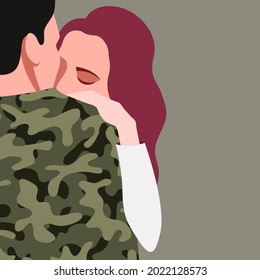 ilustración vectorial de dos personas que abrazan en el amor. una chica abraza a un militar. el soldado regresó de un viaje de negocios desde la zona de combate. rehabilitación y reintegración de los veteranos de guerra.