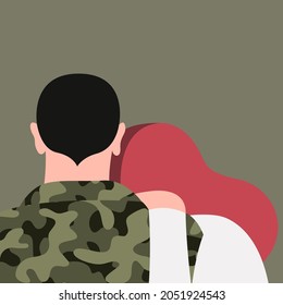 vector illustration of two hugging people in love. girl hugs a military guy. the soldier returned from a trip to the war zone. rehabilitation and reintegration of war veterans. family care.